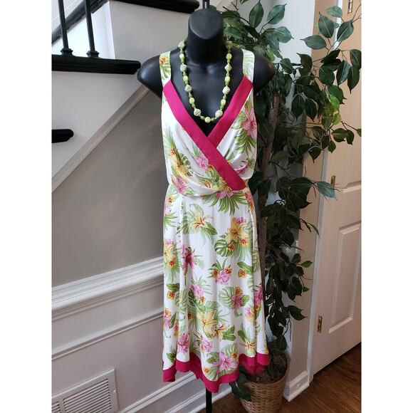 Cheztu Long Maxi Dress Women's 18 White Floral Surplice Neck Sleeveless Back Zip - Picture 1 of 13